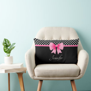 Coussin Rectangle Nœud rose motif pois noir et blanc Nom Lum