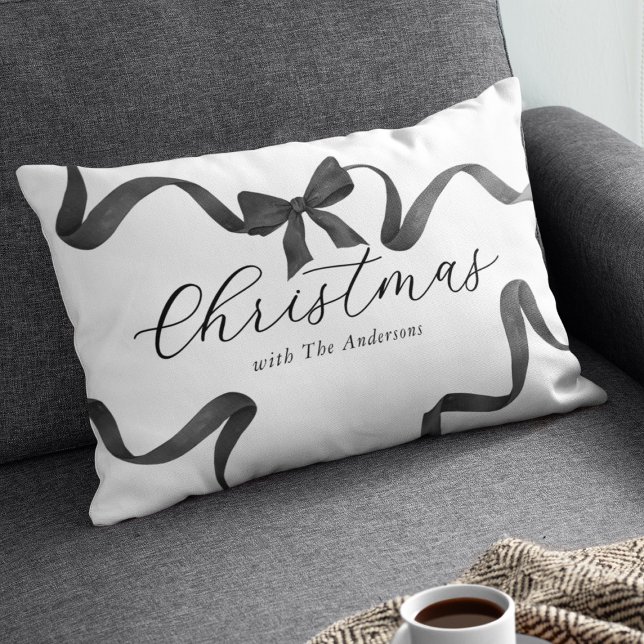 Coussin Rectangle Noir Blanc Bow Famille Noël (Créateur téléchargé)