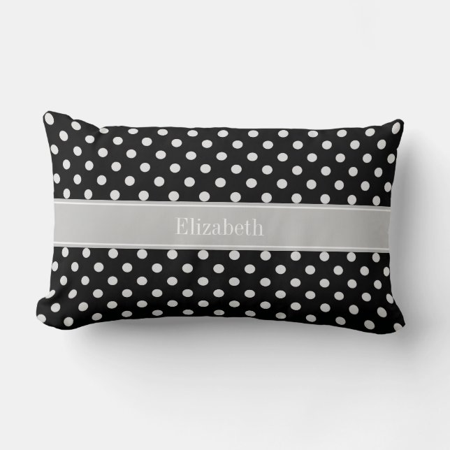 Coussin Rectangle Noir Blanc Pois gris Nom Monogramme (Recto)