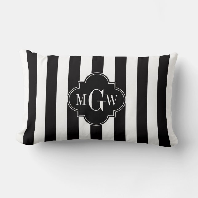 Coussin Rectangle Noir Blanc Rayure Noir Quatrefeuille 3 Monogramme (Recto)