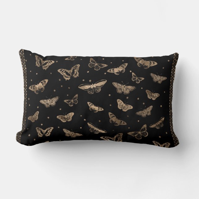 Coussin Rectangle Noir et or de motif de papillon (Recto)