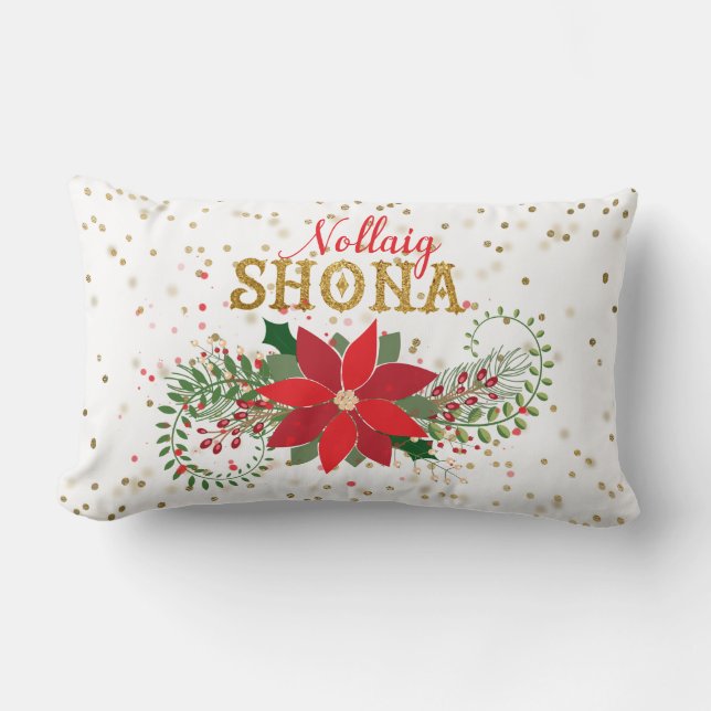 Coussin Rectangle Nollaig Shona Parties scintillant d'or Poinsettia  (Recto)