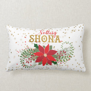 Coussin Rectangle Nollaig Shona Parties scintillant d'or Poinsettia