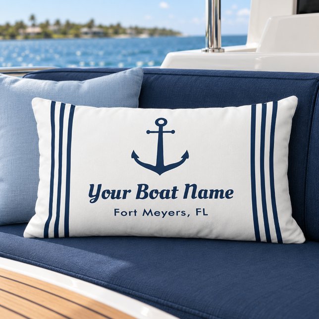 Coussin Rectangle Nom de bateau à rayures d'ancre de marine blanche  (Créateur téléchargé)