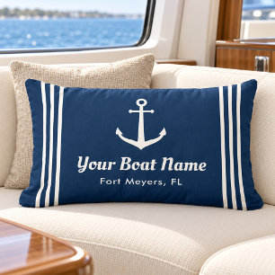 Coussin Rectangle Nom de bateau personnalisé bleu marine nautique