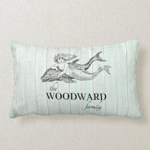 Coussin Rectangle Nom de famille côtier Aqua Wood Mermaid Dolphin