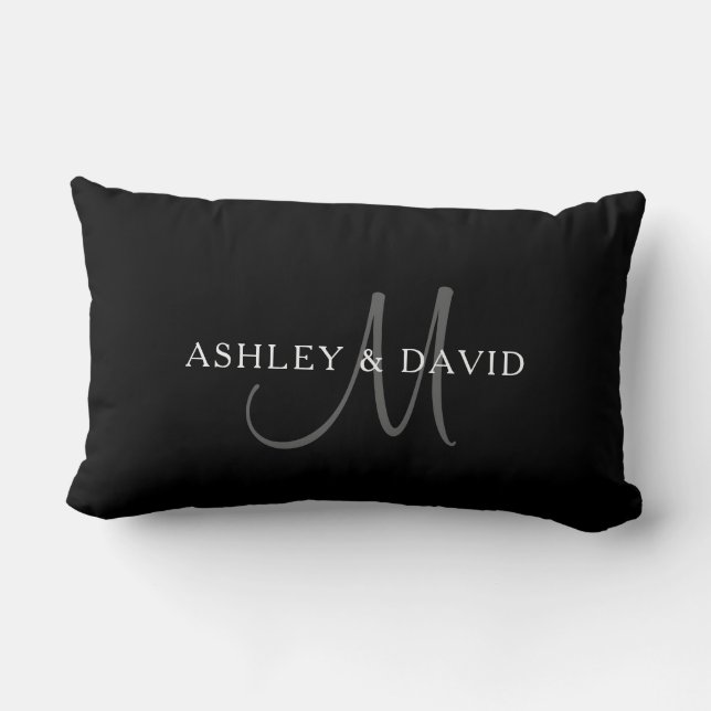 Coussin Rectangle Nom de famille élégant Monogramme | Noir, Gris & B (Verso)
