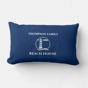 Coussin Rectangle Nom de famille Phare nautique classique Navy Blue