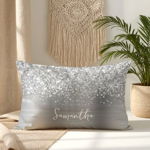 Coussin Rectangle Nom de script Glam Argent Pailleté