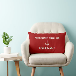 Coussin Rectangle Nom du bateau Nautical Red Welcome Aboard