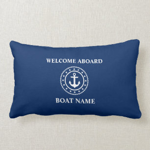 Coussin Rectangle Nom du bateau nautique Ancre corde Stars Blue Welc