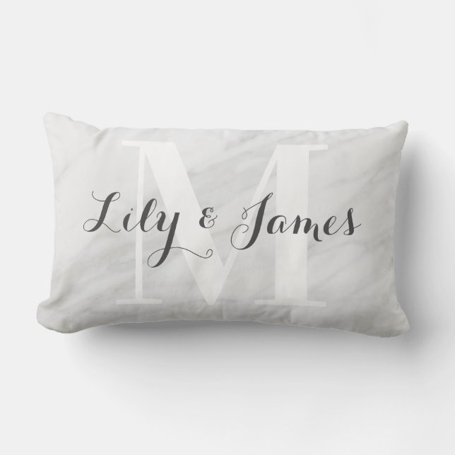 Coussin Rectangle Nom du monogramme Marbre gris blanc Mariage Keepsa (Recto)