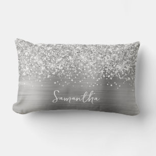 Coussin Rectangle Nom du script Glittery Silver Glam