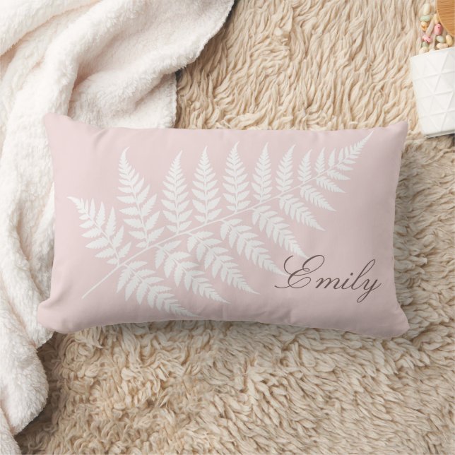 Coussin Rectangle Nom élégant écriture Blush Rose Fougère Blanche (Couverture)