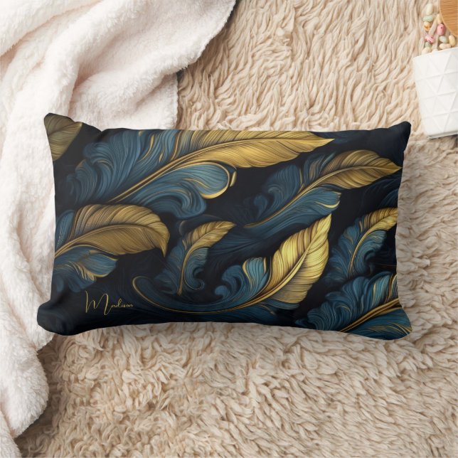 Coussin Rectangle Nom personnalisé Bleu - Feuilles d'or (Couverture)
