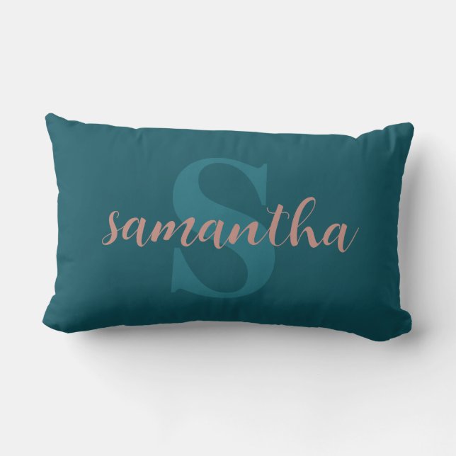 Coussin Rectangle Nom personnalisé bleu marine et rose  (Verso)