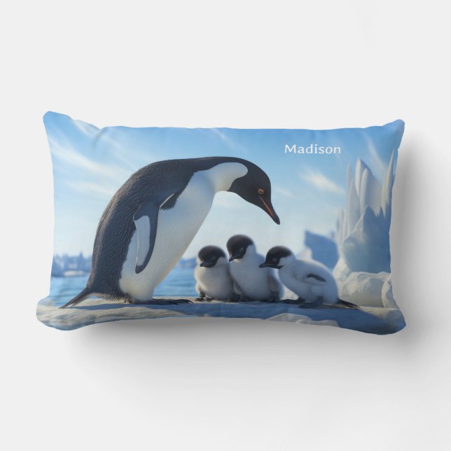Coussin Rectangle Nom personnalisé Pingouins mignons (Recto)