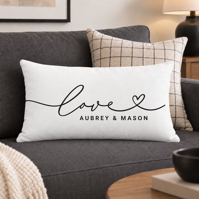 Coussin Rectangle Noms de couple de script de cœur d'amour blanc cla (Créateur téléchargé)