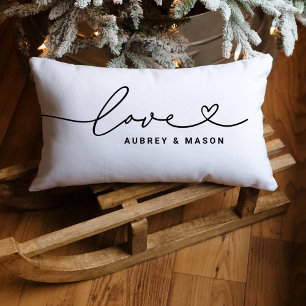 Coussin Rectangle Noms de couple de script de cœur d'amour blanc cla