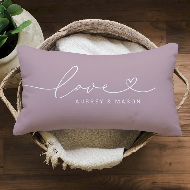 Coussin Rectangle Noms de couple de script de cœur d'amour lilas rom (Créateur téléchargé)