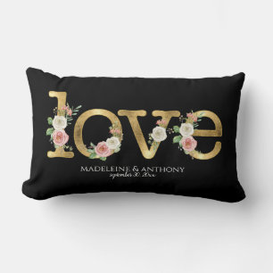 Coussin Rectangle Noms de mariage à l'aquarelle florale noir or