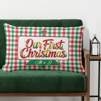 Coussin Rectangle Nos Premiers Monogrammes à Carreaux Rouges et Vert