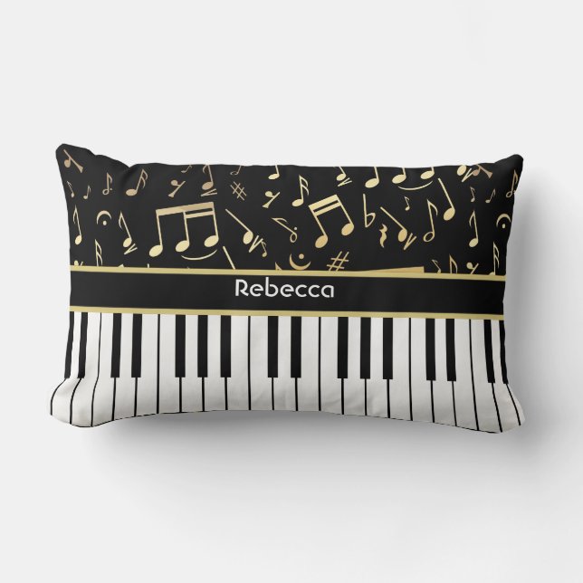 Coussin Rectangle Notes musicales et touches de piano Noir et Or (Recto)
