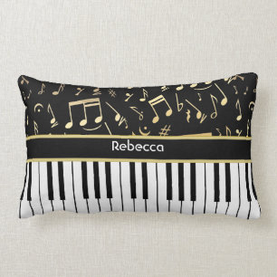 Coussin Rectangle Notes musicales et touches de piano Noir et Or