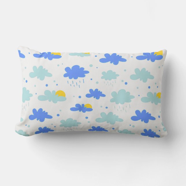 Coussin Rectangle Nuages bleus, soleils jaunes et gouttes de pluie (Recto)