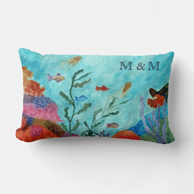 Coussin Rectangle Océan Sea Life Sous-marin Corail Reef Monogramme (Recto)
