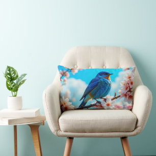Coussin Rectangle Oiseau bleu azur sur branche de fleurs de cerisier