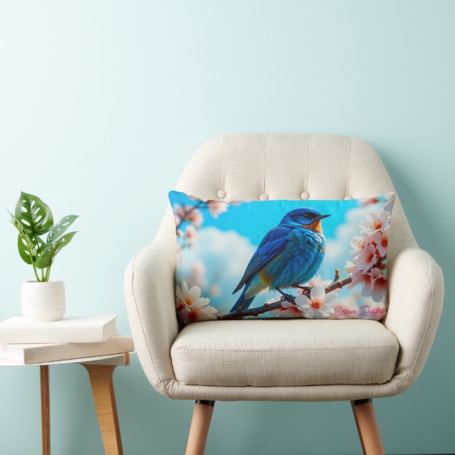 Coussin Rectangle Oiseau bleu azur sur branche de fleurs de cerisier (Chaise)