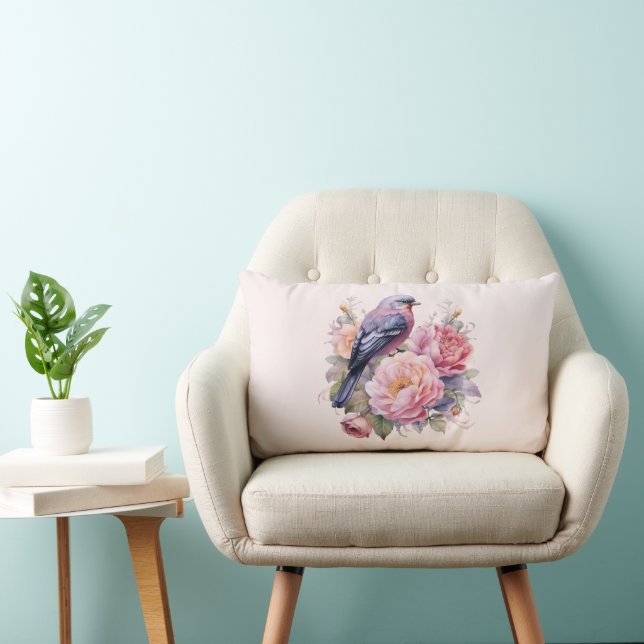 Coussin Rectangle Oiseau chanteur perché sur des pivoines roses (Chaise)