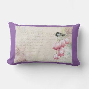 Coussin Rectangle Oiseau et fleurs avec écriture manuscrite Shabby V