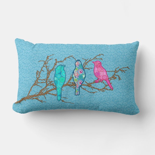 Coussin Rectangle Oiseaux appliqués sur une branche, Sky Blue Multi (Recto)