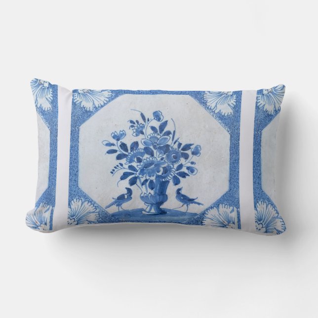 Coussin Rectangle Oiseaux bleus de Delft floral French Country Chic (Recto)