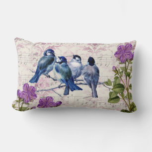 Coussin Rectangle Oiseaux bleus vintage, fleurs violettes, musique l