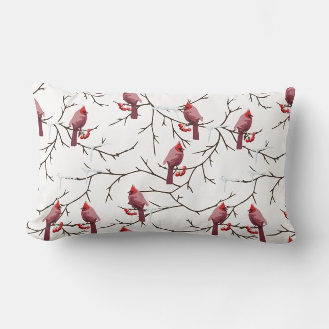 Coussin Rectangle Oiseaux cardinaux, cerises d'hiver et Motif de nei (Recto)