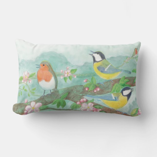 Coussin Rectangle Oiseaux chantant sur une branche d'arbre en fleurs (Recto)