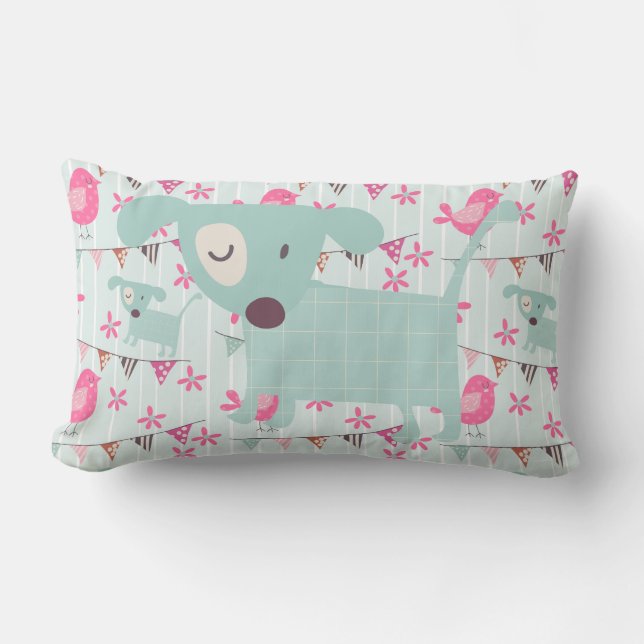 Coussin Rectangle Oiseaux, Chiens, Bannières, Fleurs (Recto)