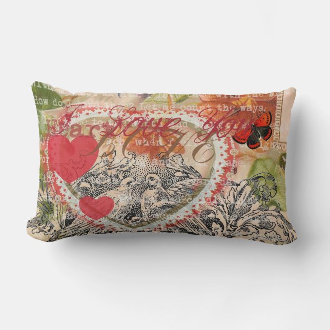 Coussin Rectangle Oiseaux de l'amour Cœur Rouge Collage d'art (Recto)