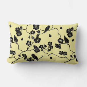 Coussin Rectangle Oiseaux en fleurs de cerises Noir sur citron Jaune