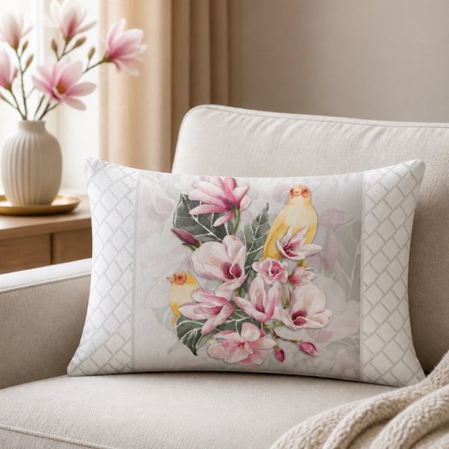 Coussin Rectangle Oiseaux et fleurs de magnolia rose (Créateur téléchargé)