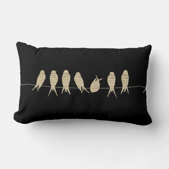 Coussin Rectangle Oiseaux musicaux Tan et carreau noir (Recto)
