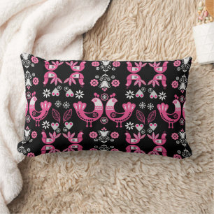 Coussin Rectangle Oiseaux roses et blancs du folklore scandinave