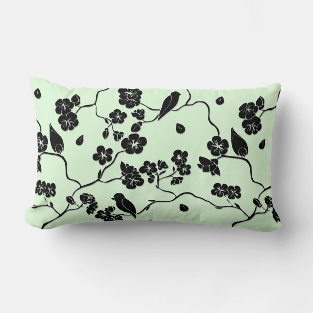Coussin Rectangle Oiseaux sur fleurs de cerisier noir sur vert menth (Recto)