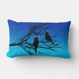 Coussin Rectangle Oiseaux sur une branche, Noir contre Bleu du soir