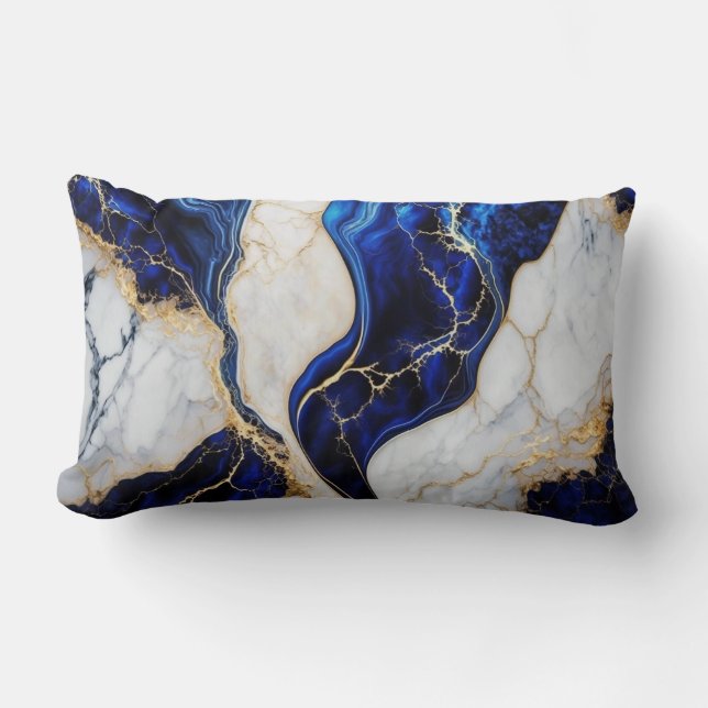 Coussin Rectangle Or Abstrait, blanc et bleu royal (Recto)