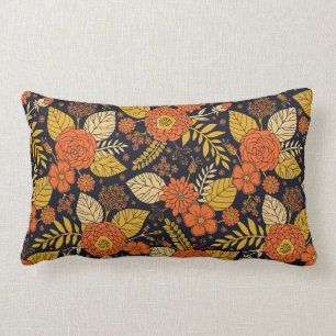 Coussin Rectangle Orange rétro, Jaune & Marine Floral