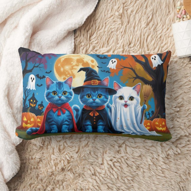 Coussin Rectangle Oriental Blue Cats Citrouille Halloween Drôle (Couverture)